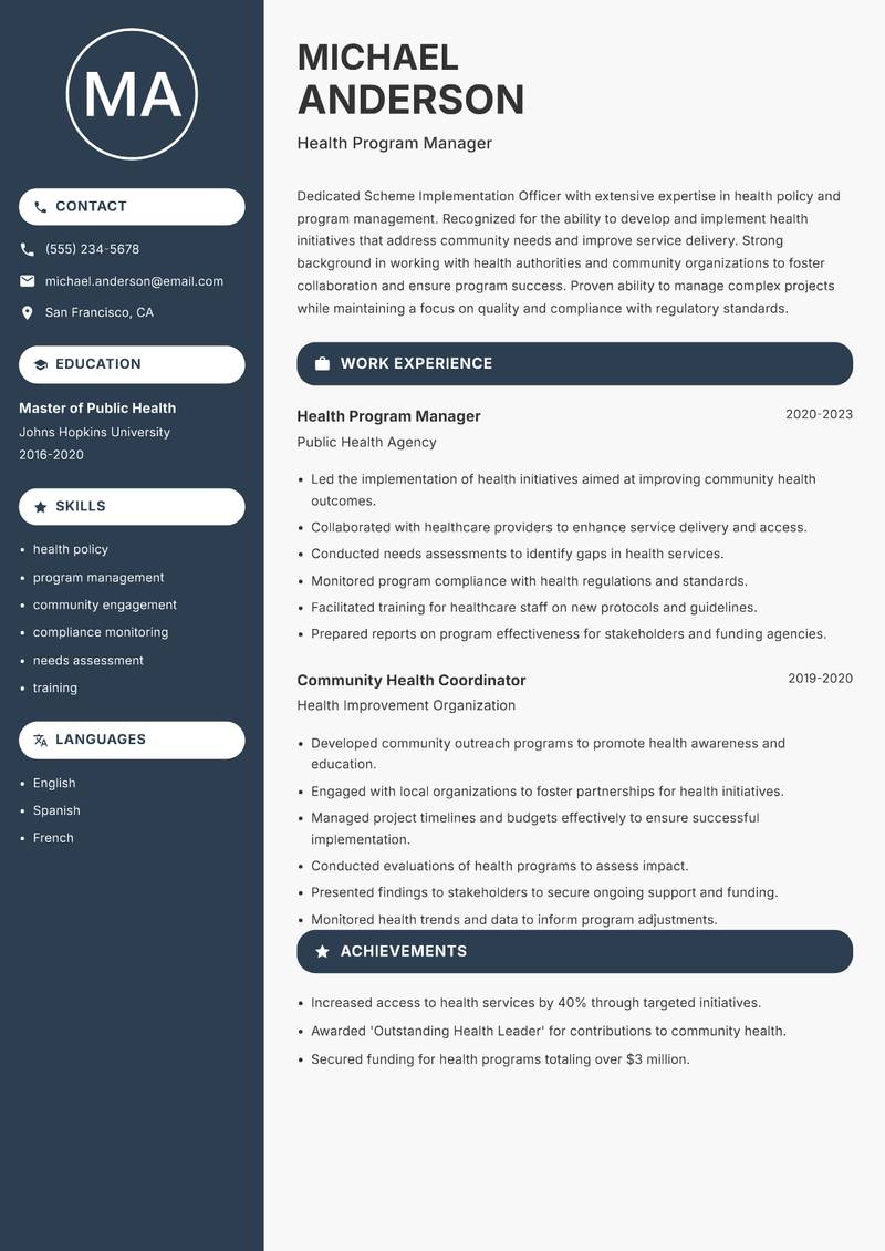 Scheme Implementation Officer Resume Preview Example