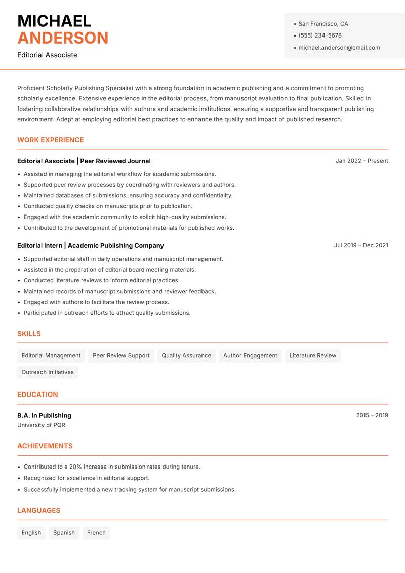 Scholarly Publishing Specialist Resume Template