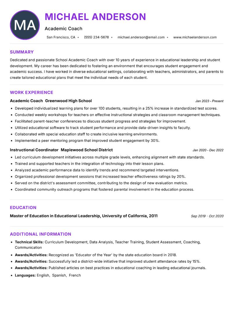 School Academic Coach Resume Preview Example
