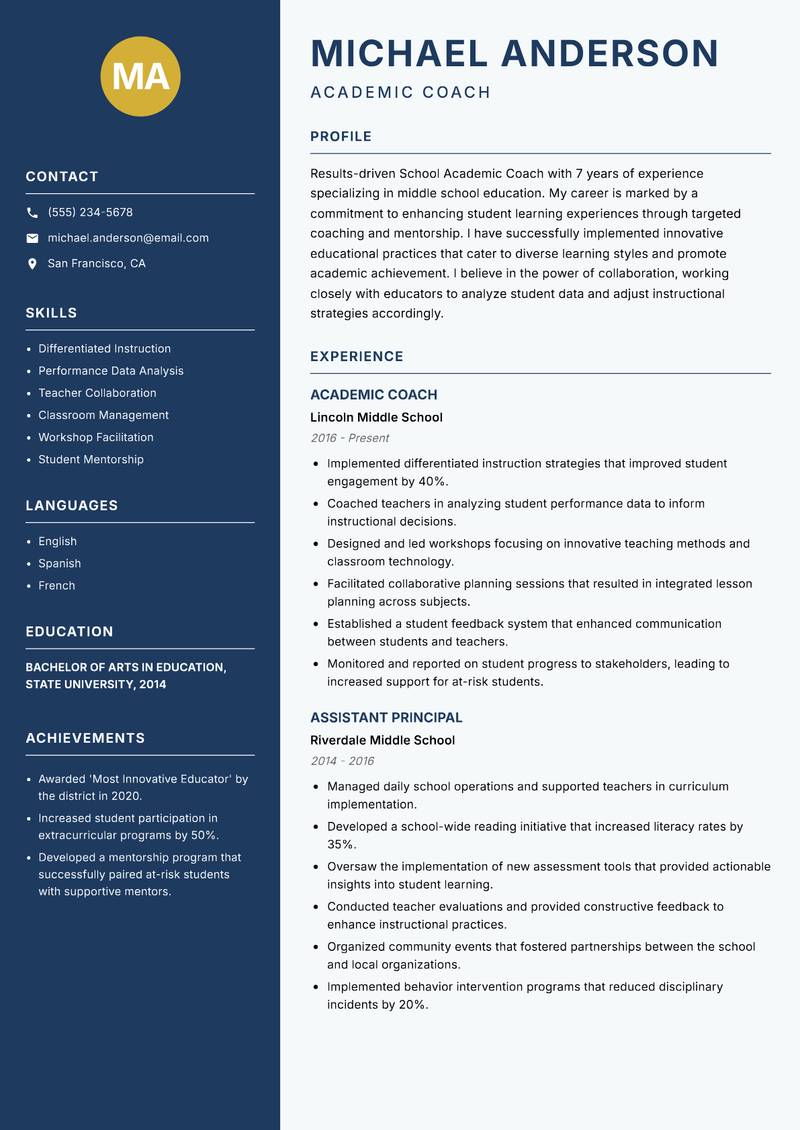 School Academic Coach Resume Preview Example