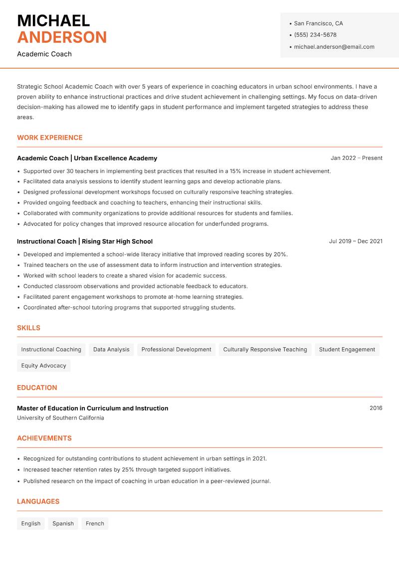 School Academic Coach Resume Template