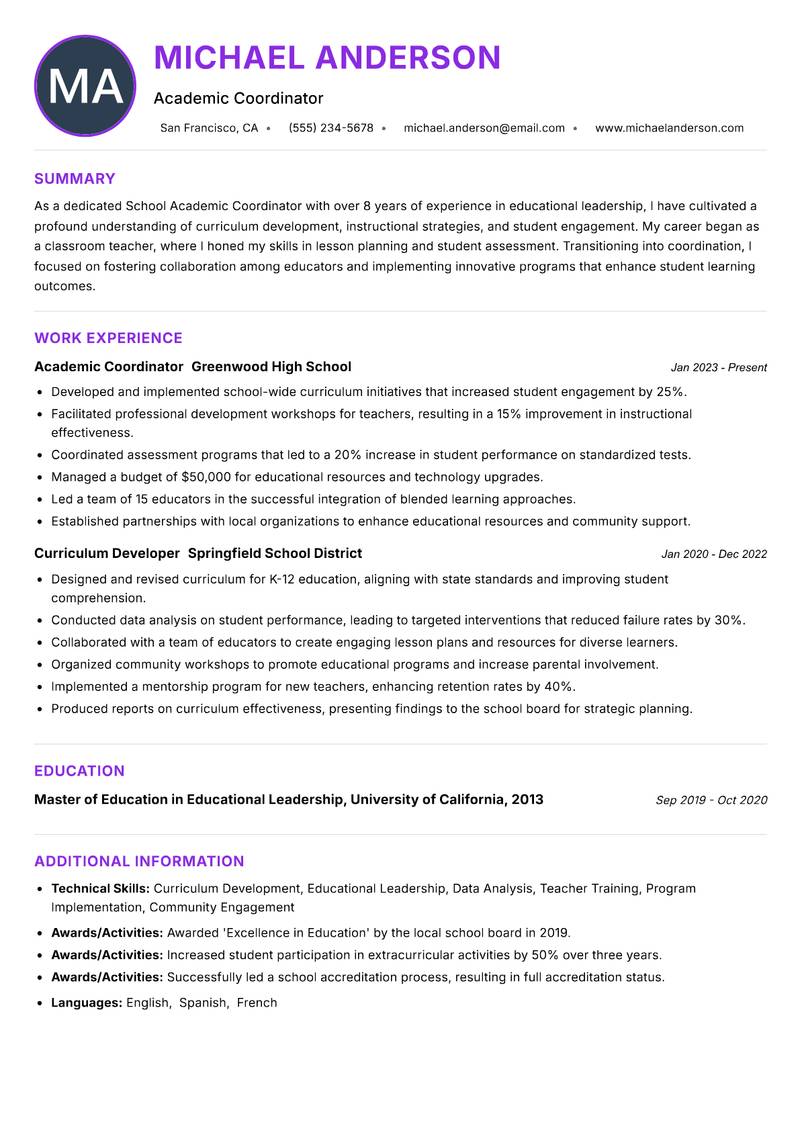 School Academic Coordinator Resume Preview Example