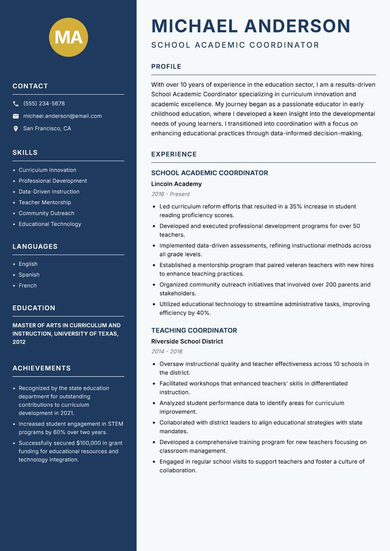 School Academic Coordinator Resume Preview Example