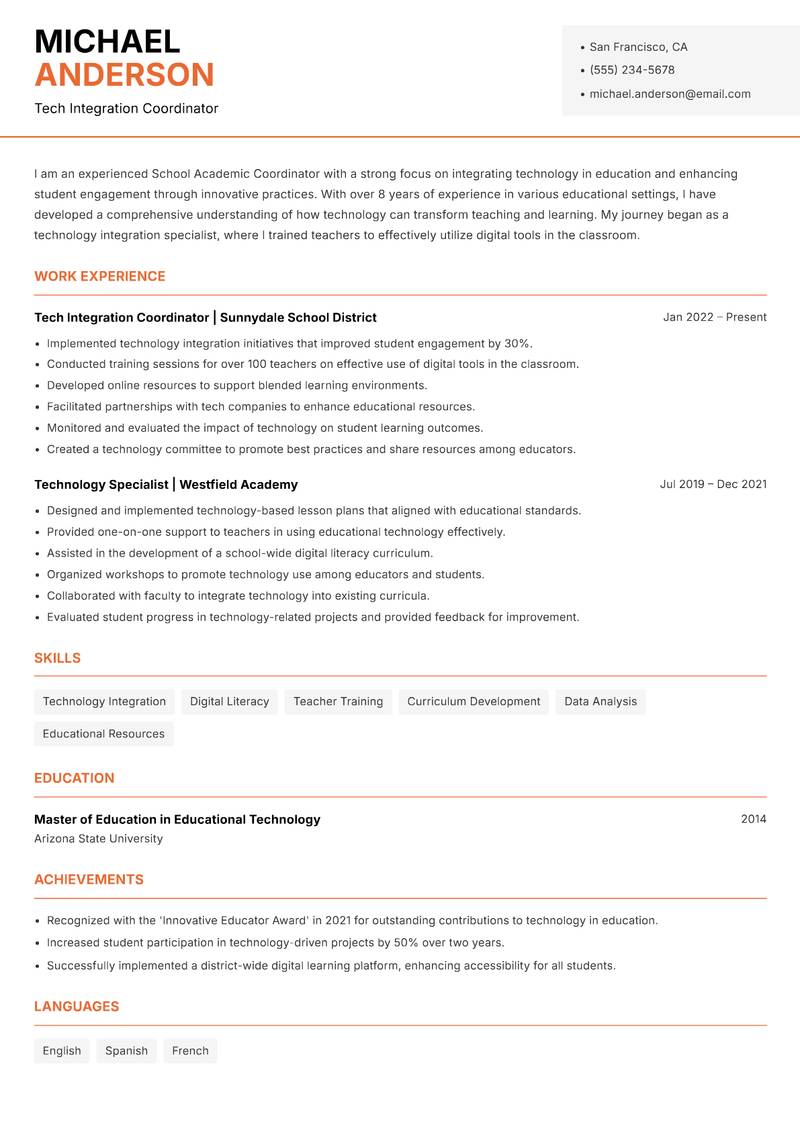 School Academic Coordinator Resume Template