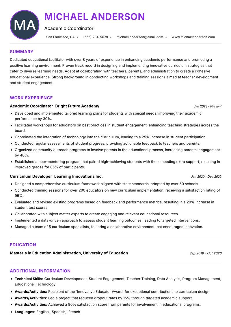 School Academic Facilitator Resume Preview Example