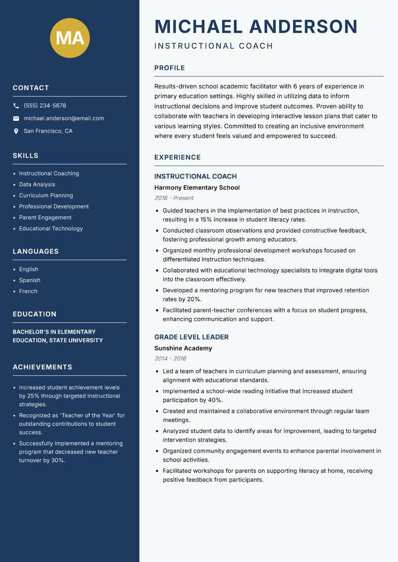 School Academic Facilitator Resume Preview Example