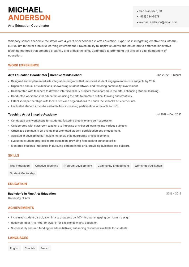 School Academic Facilitator Resume Template