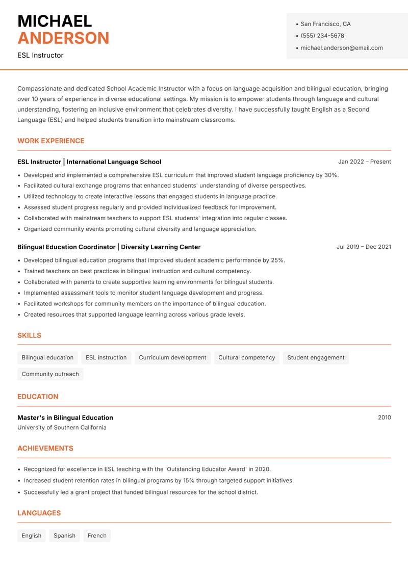 School Academic Instructor Resume Template