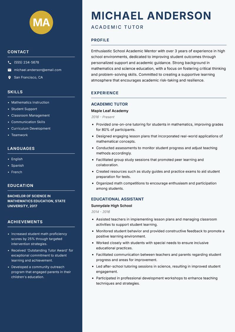School Academic Mentor Resume Preview Example