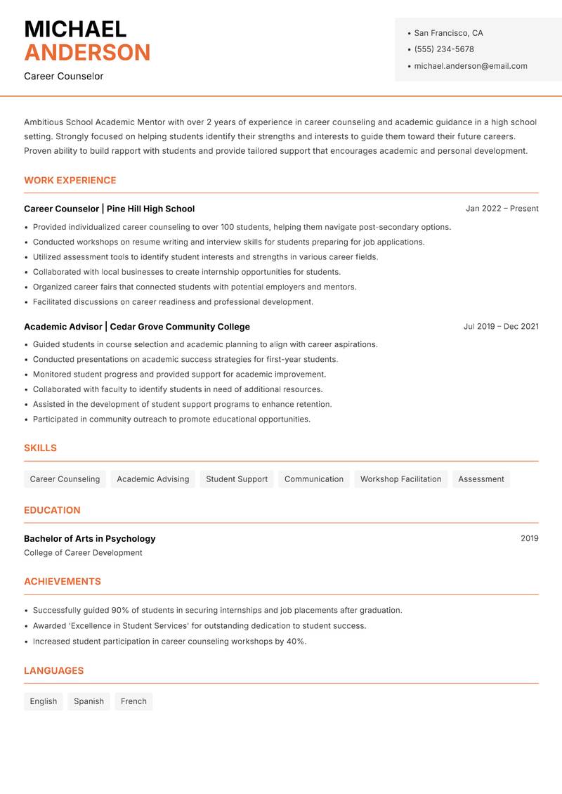 School Academic Mentor Resume Template