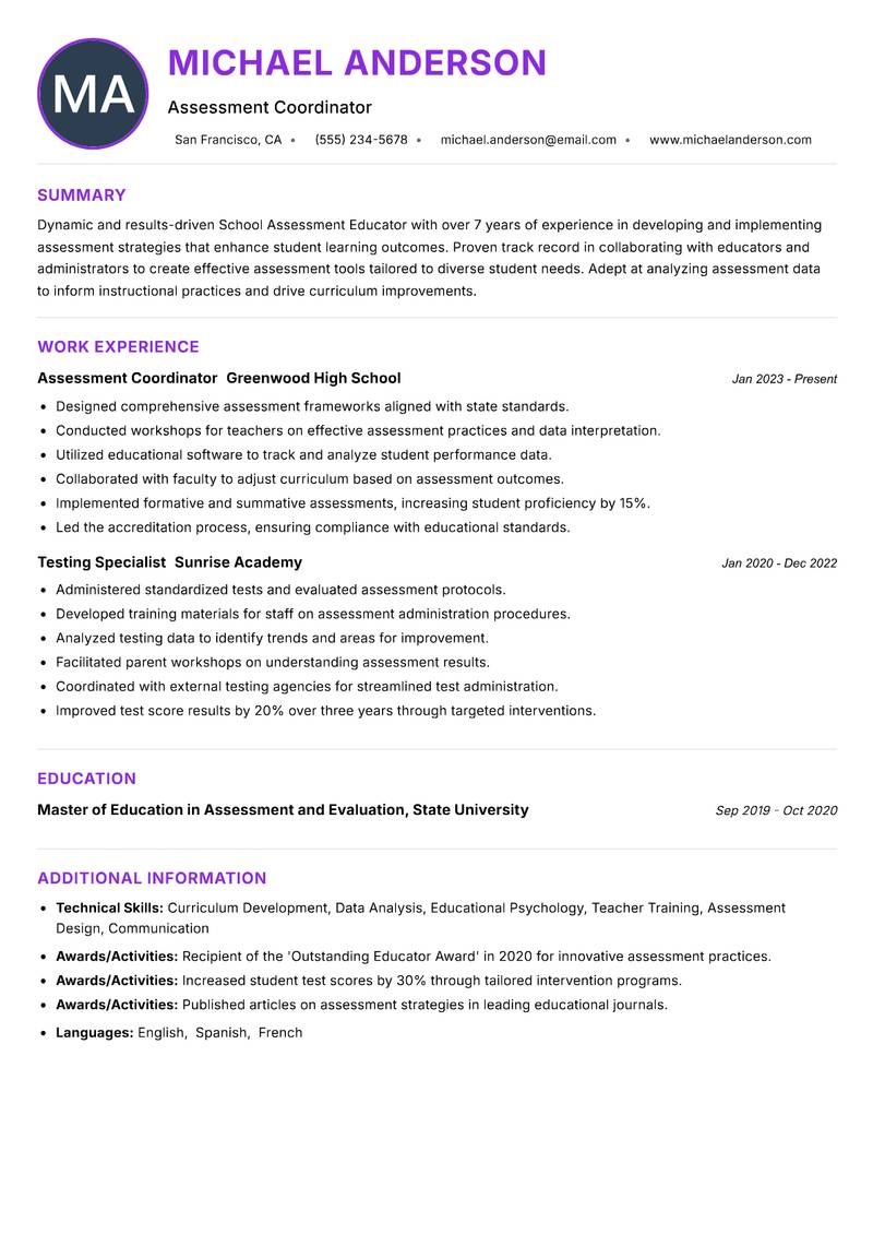School Assessment Educator Resume Preview Example