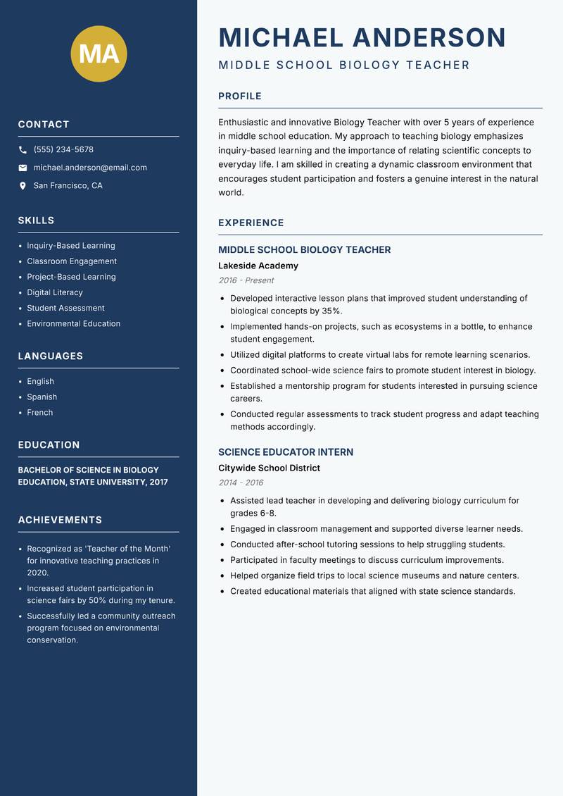 School Biology Teacher Resume Preview Example