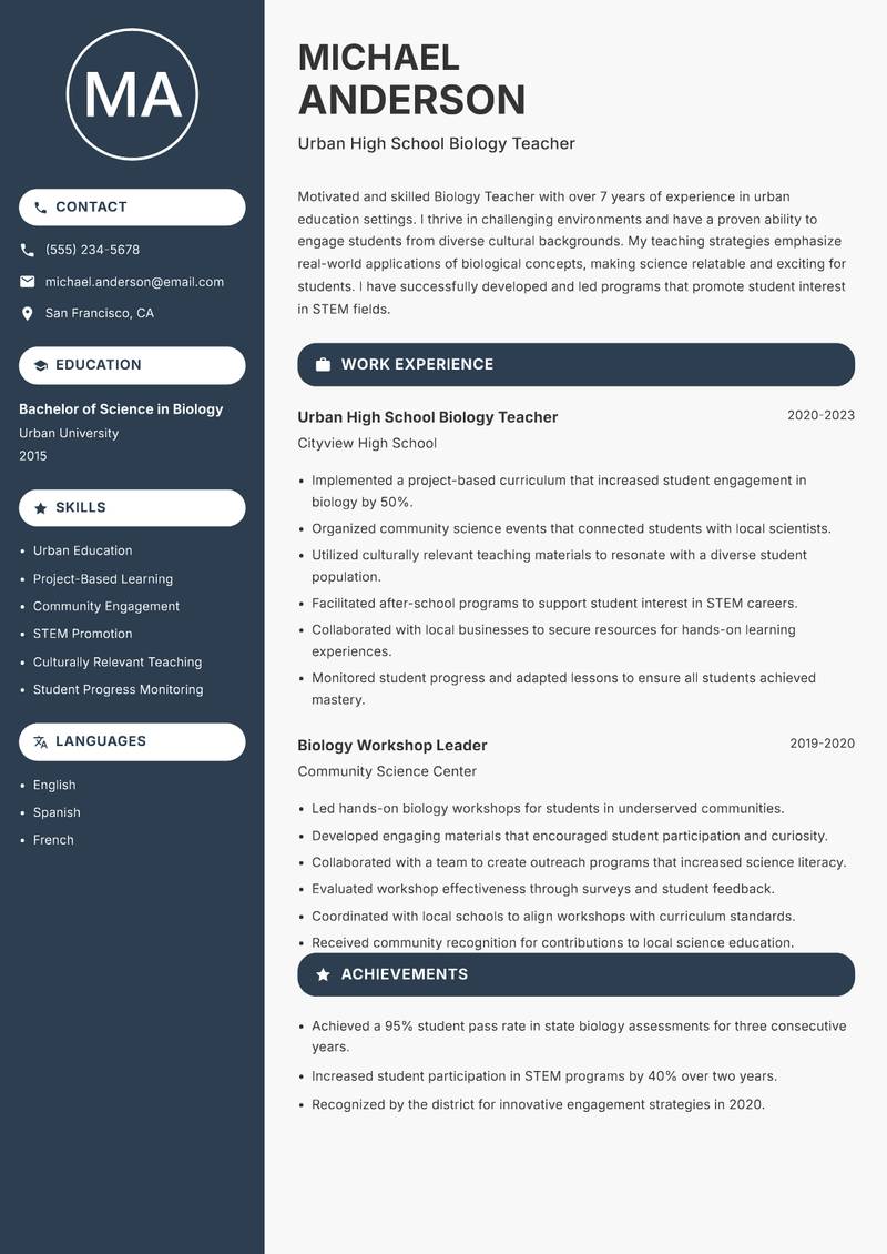 School Biology Teacher Resume Preview Example