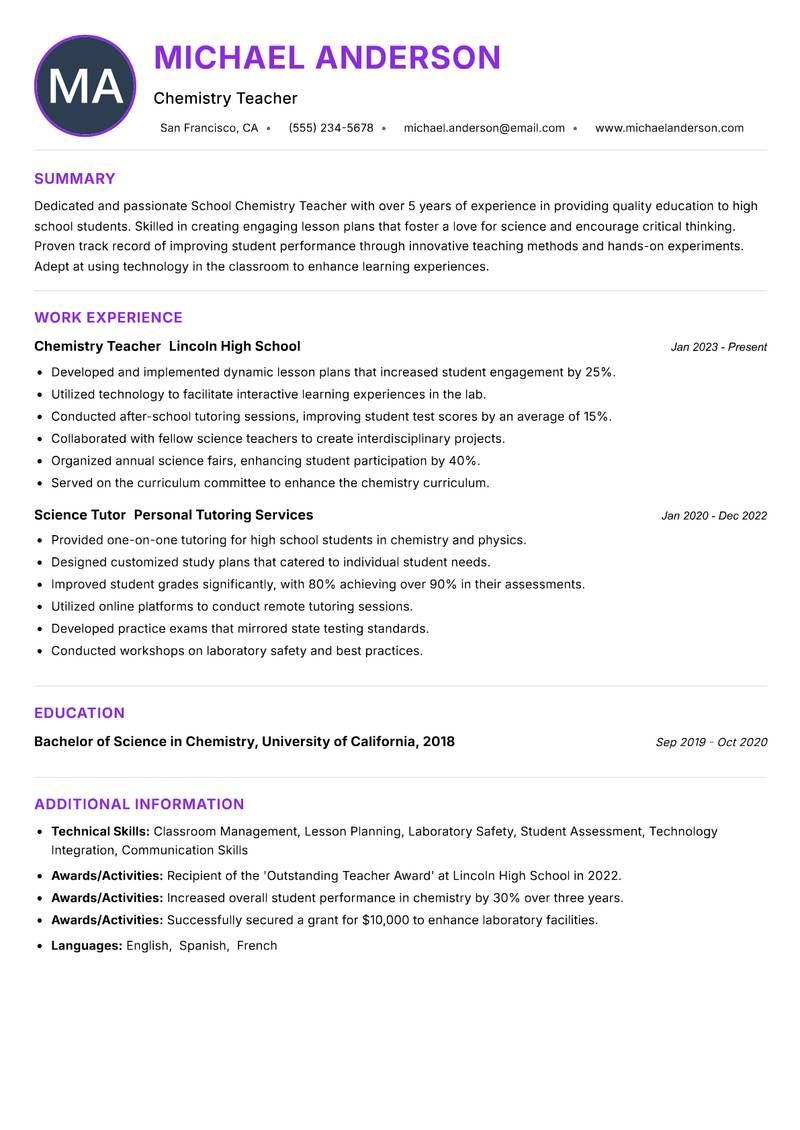 School Chemistry Teacher Resume Preview Example