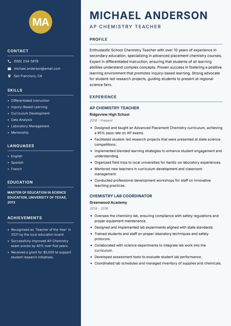School Chemistry Teacher Resume Preview Example