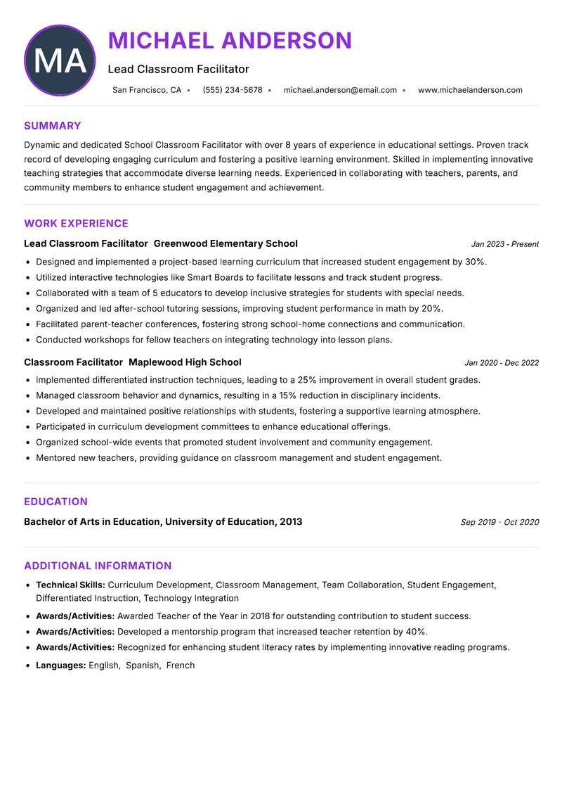 School Classroom Facilitator Resume Preview Example