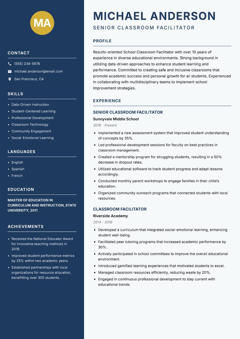 School Classroom Facilitator Resume Preview Example