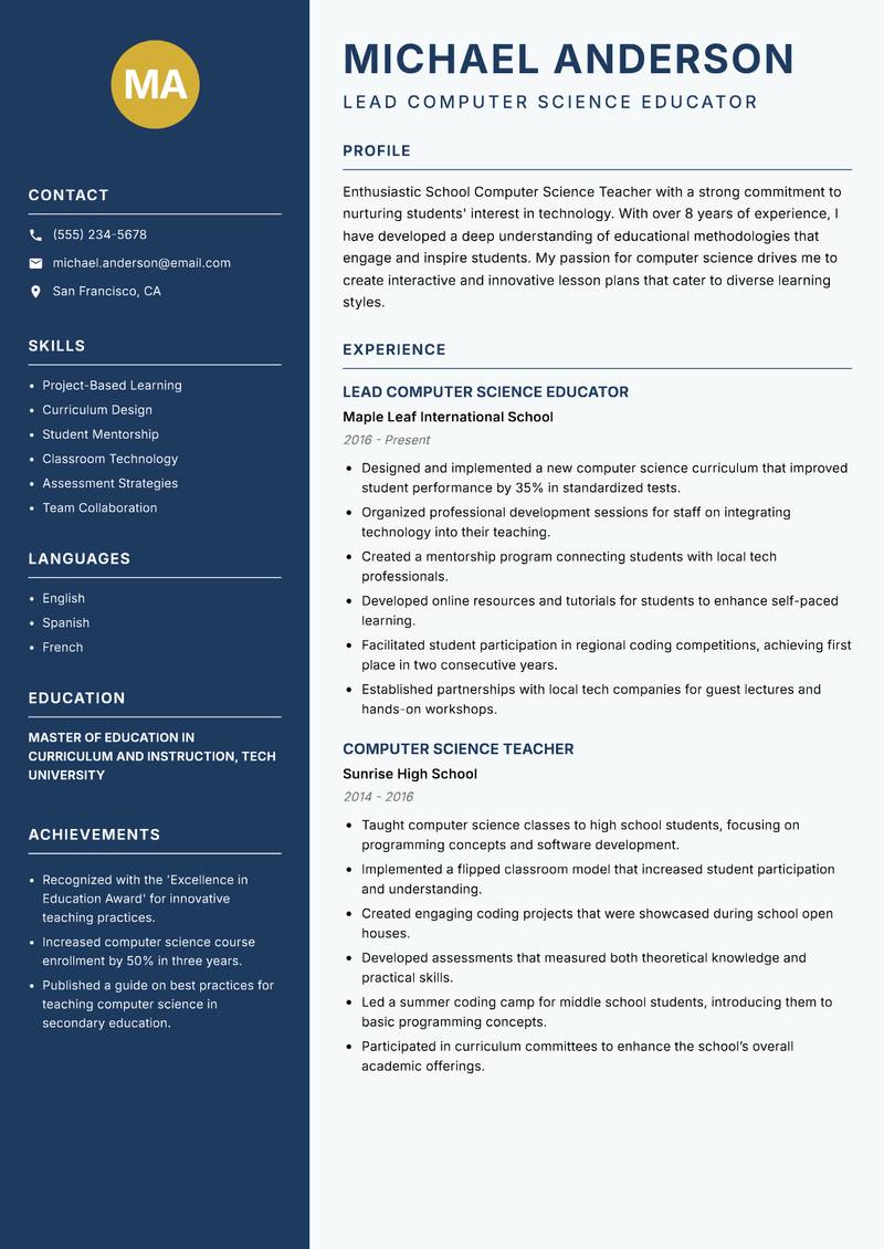School Computer Science Teacher Resume Preview Example