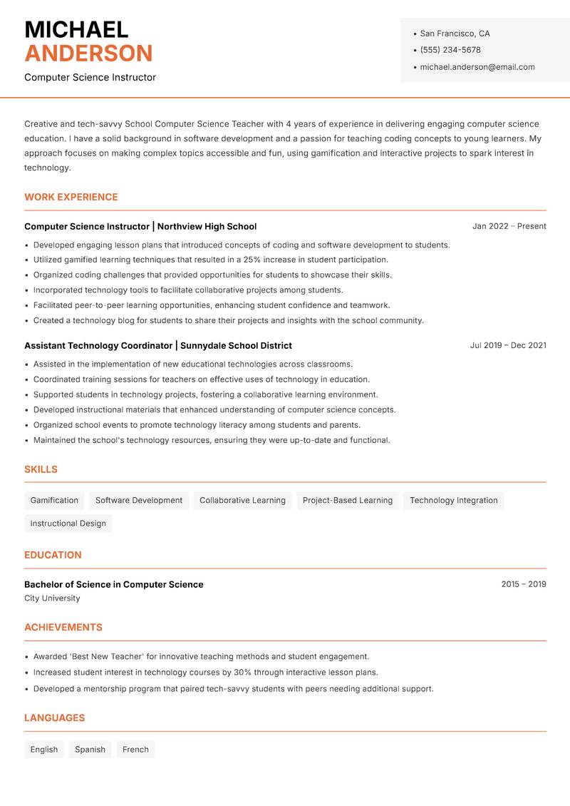 School Computer Science Teacher Resume Template