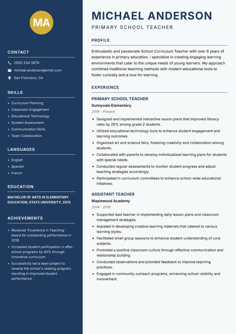 School Curriculum Teacher Resume Preview Example