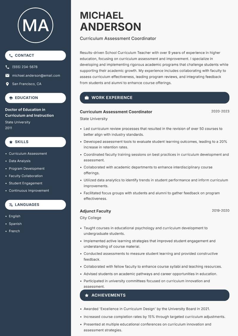 School Curriculum Teacher Resume Preview Example