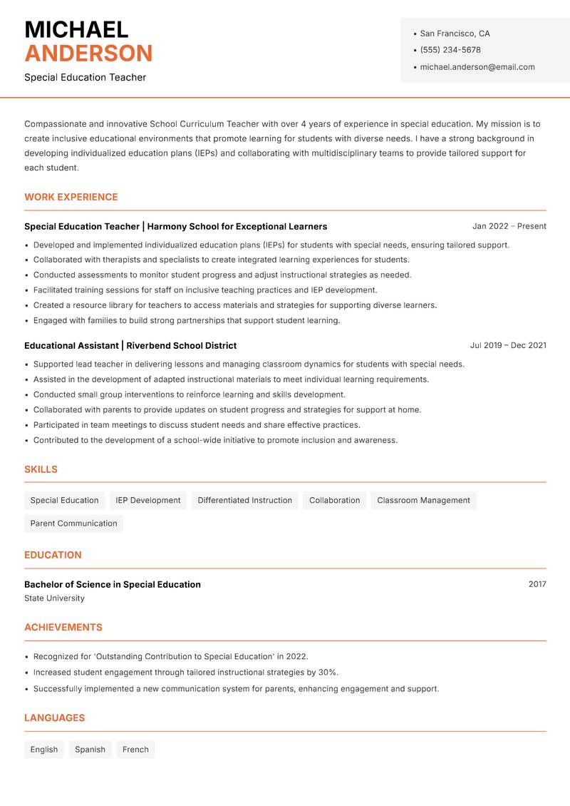 School Curriculum Teacher Resume Template