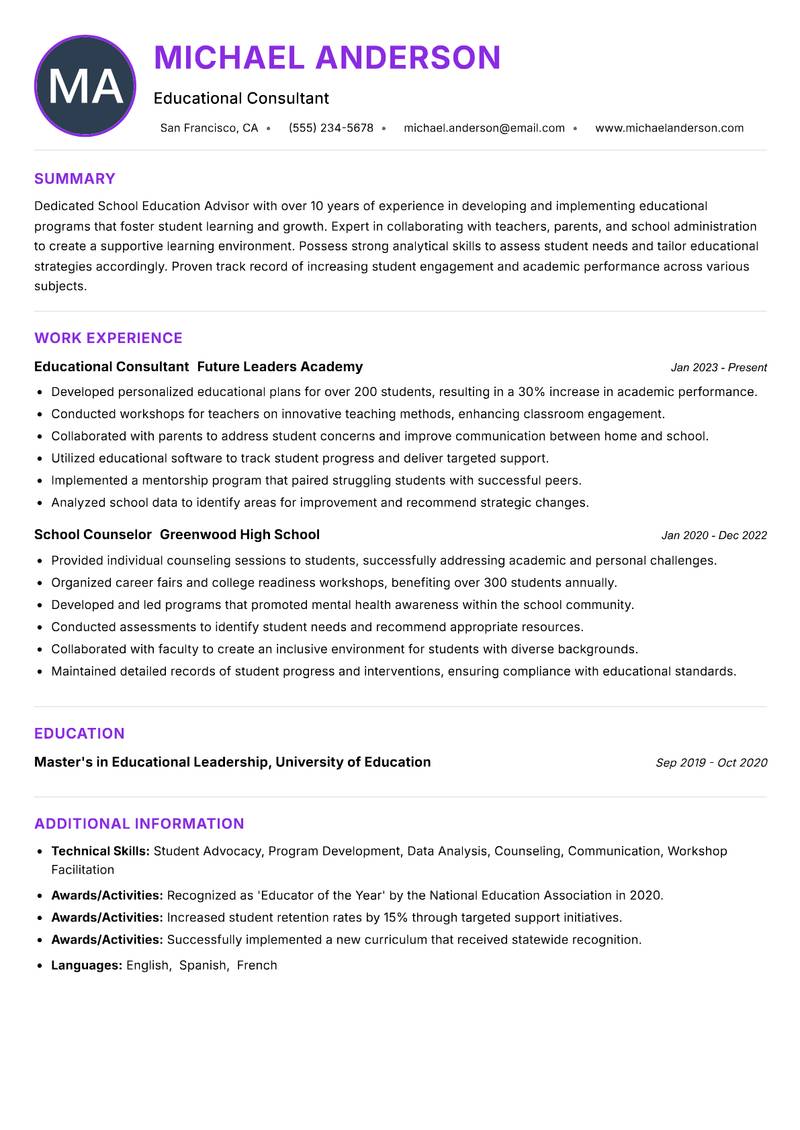 School Education Advisor Resume Preview Example
