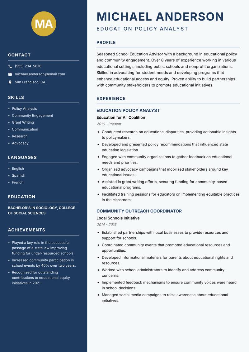 School Education Advisor Resume Preview Example
