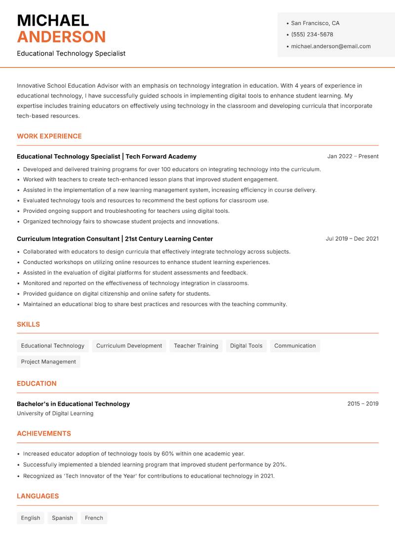 School Education Advisor Resume Template