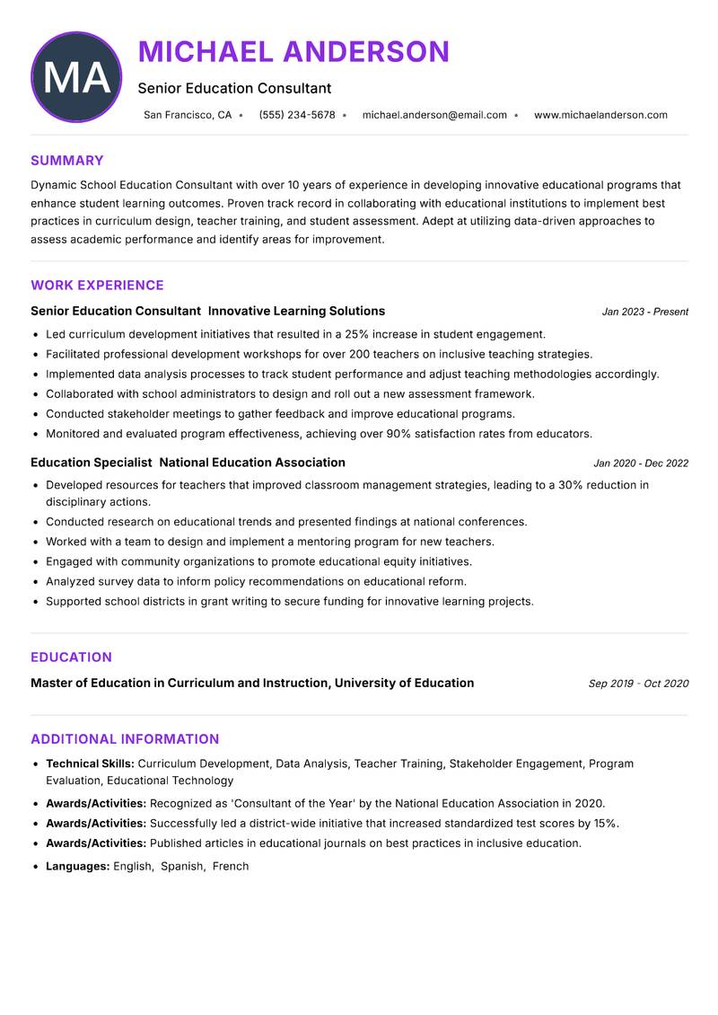 School Education Consultant Resume Preview Example
