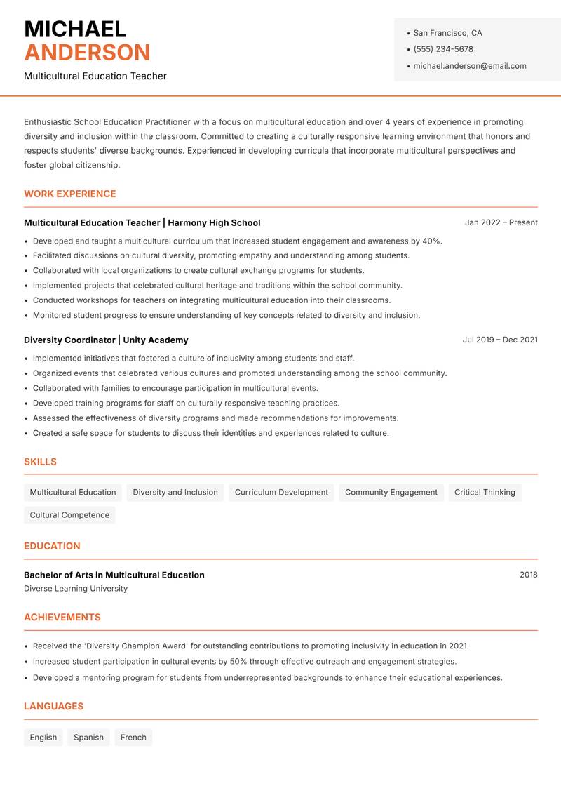 School Education Practitioner Resume Template