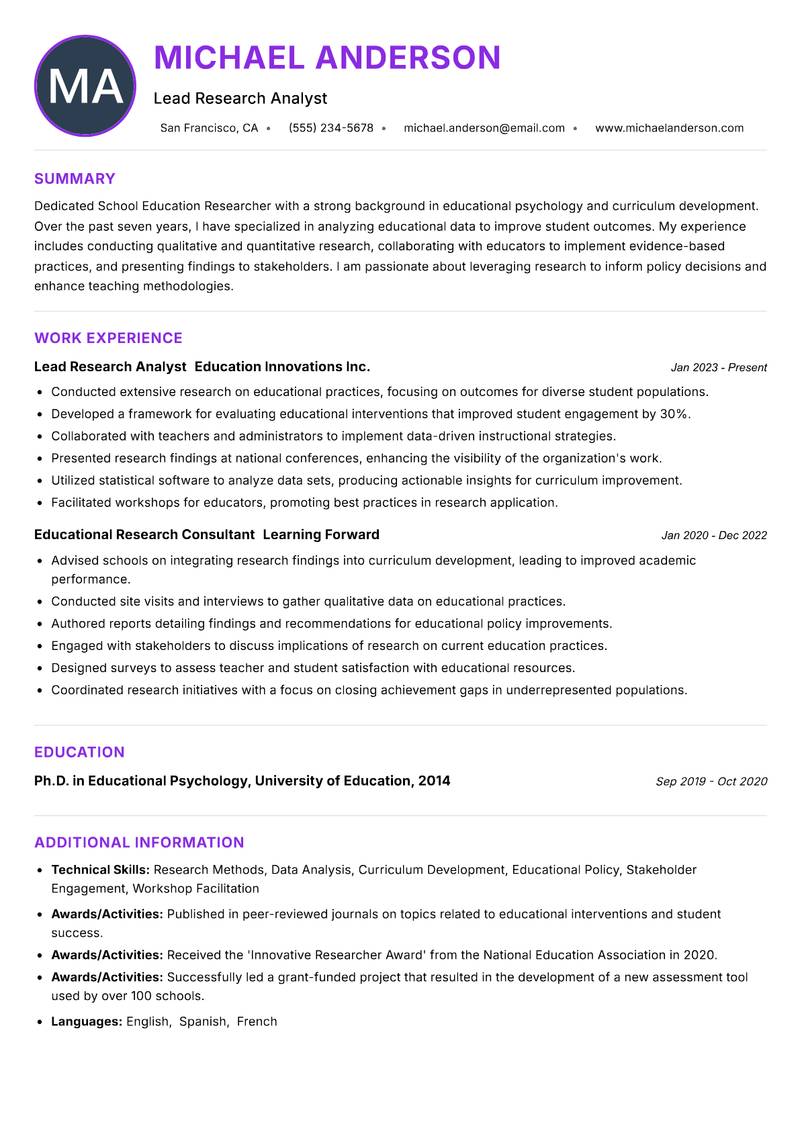 School Education Researcher Resume Preview Example