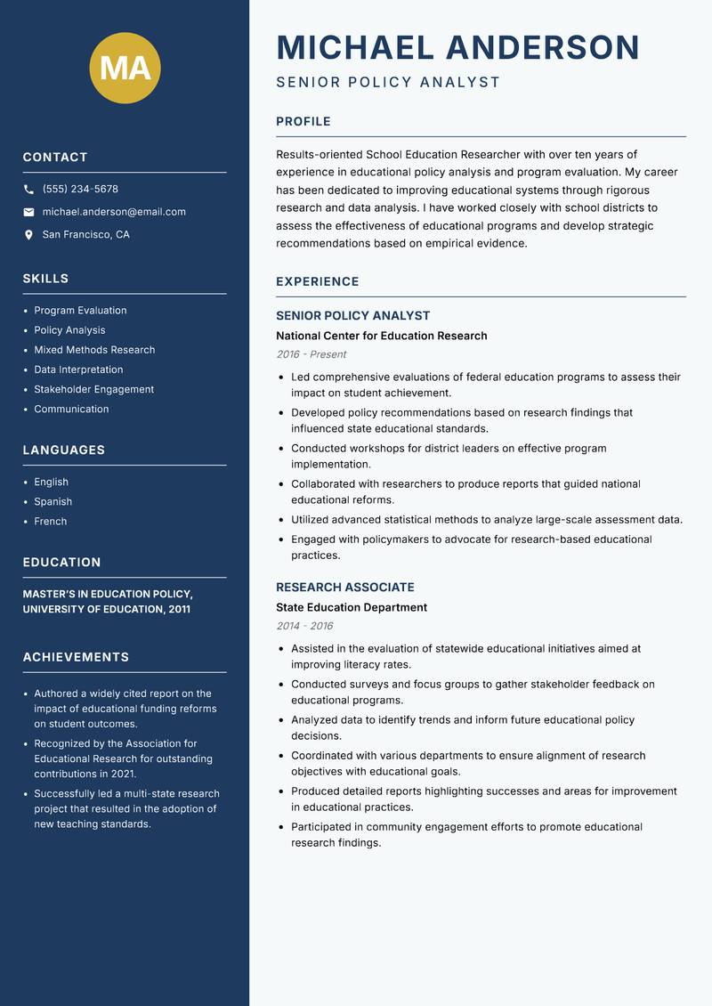 School Education Researcher Resume Preview Example