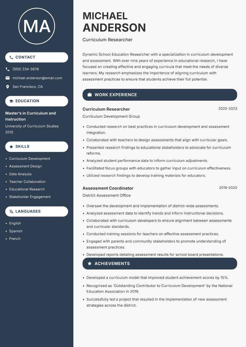 School Education Researcher Resume Preview Example