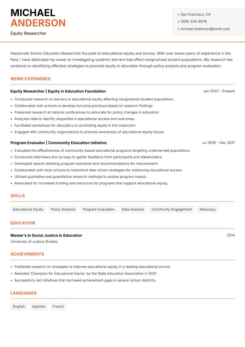 School Education Researcher Resume Template
