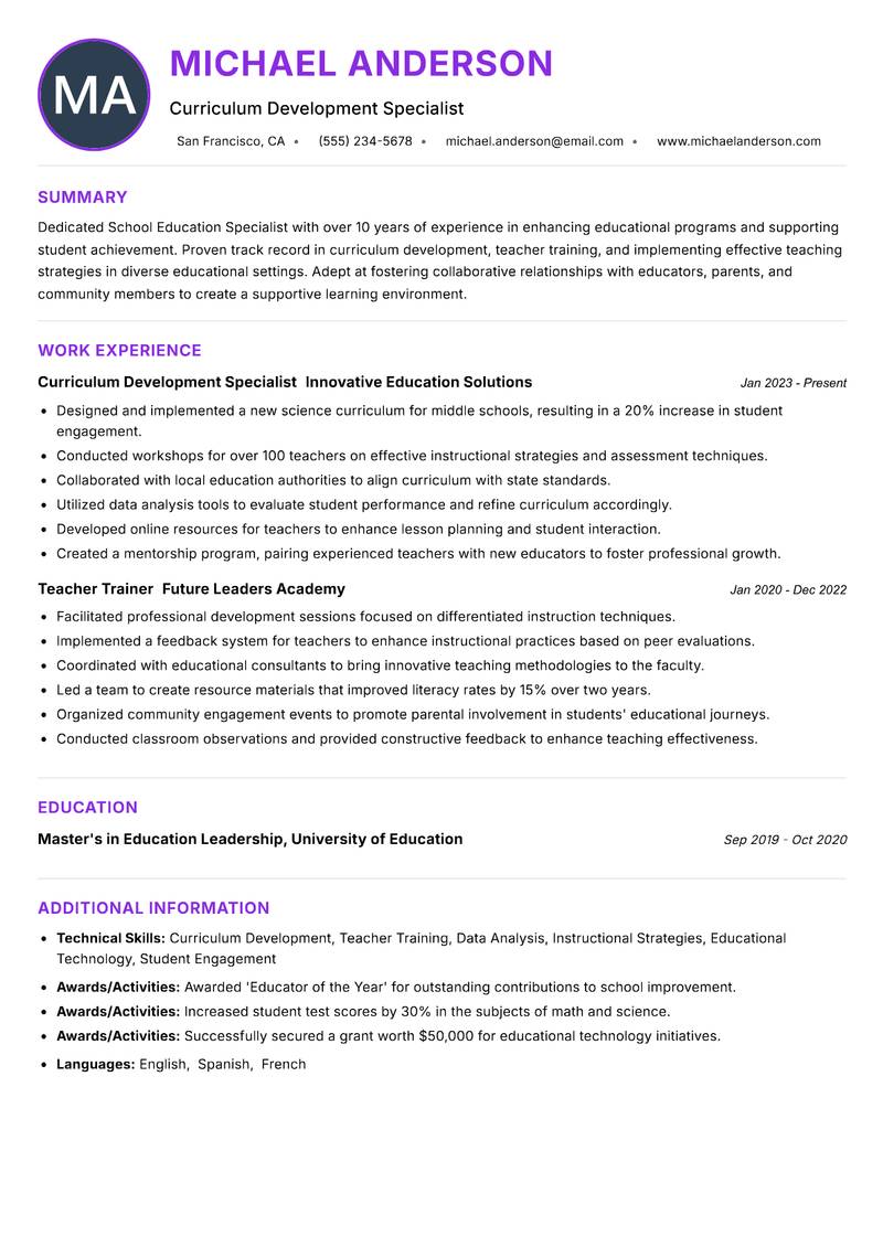 School Education Specialist Resume Preview Example