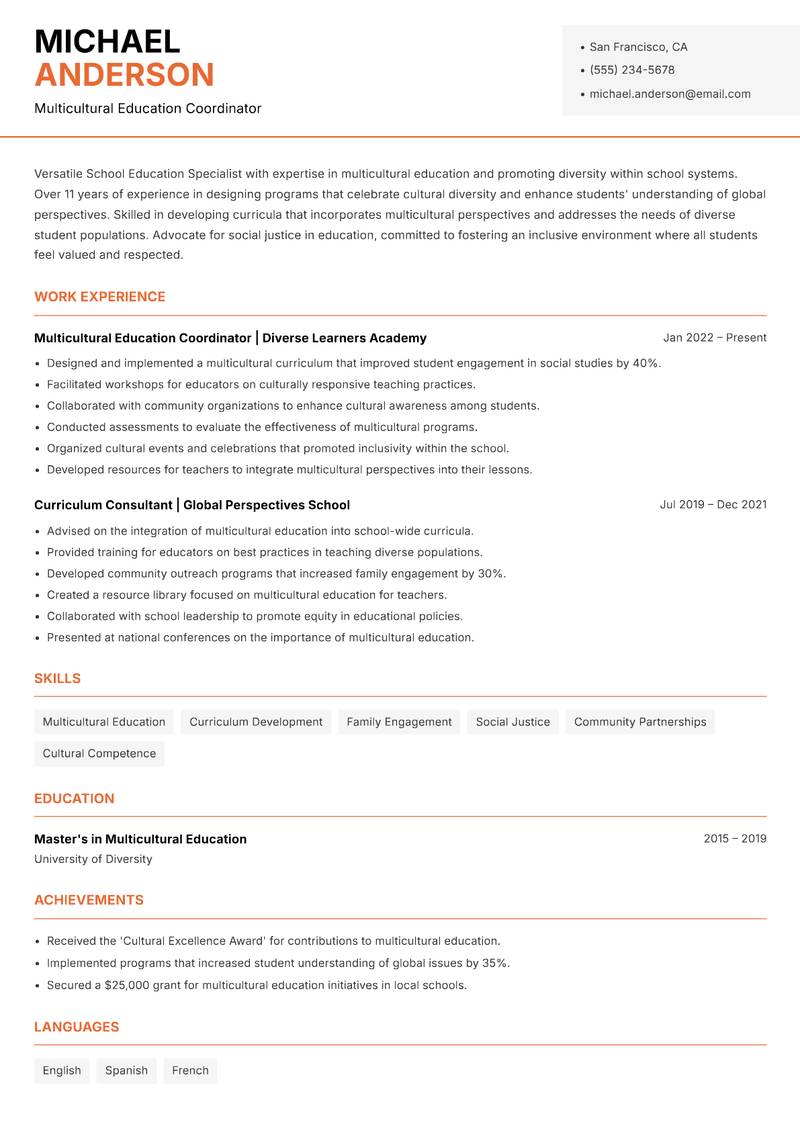 School Education Specialist Resume Template