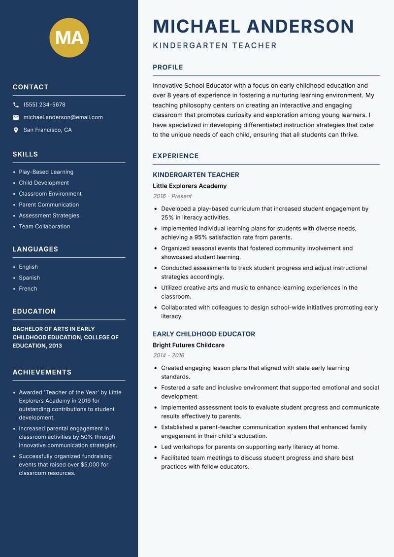 School Educator Resume Preview Example