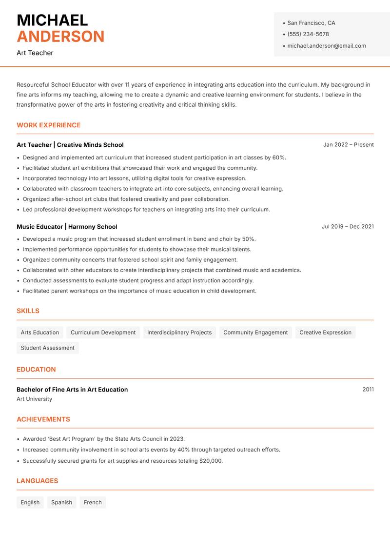 School Educator Resume Template
