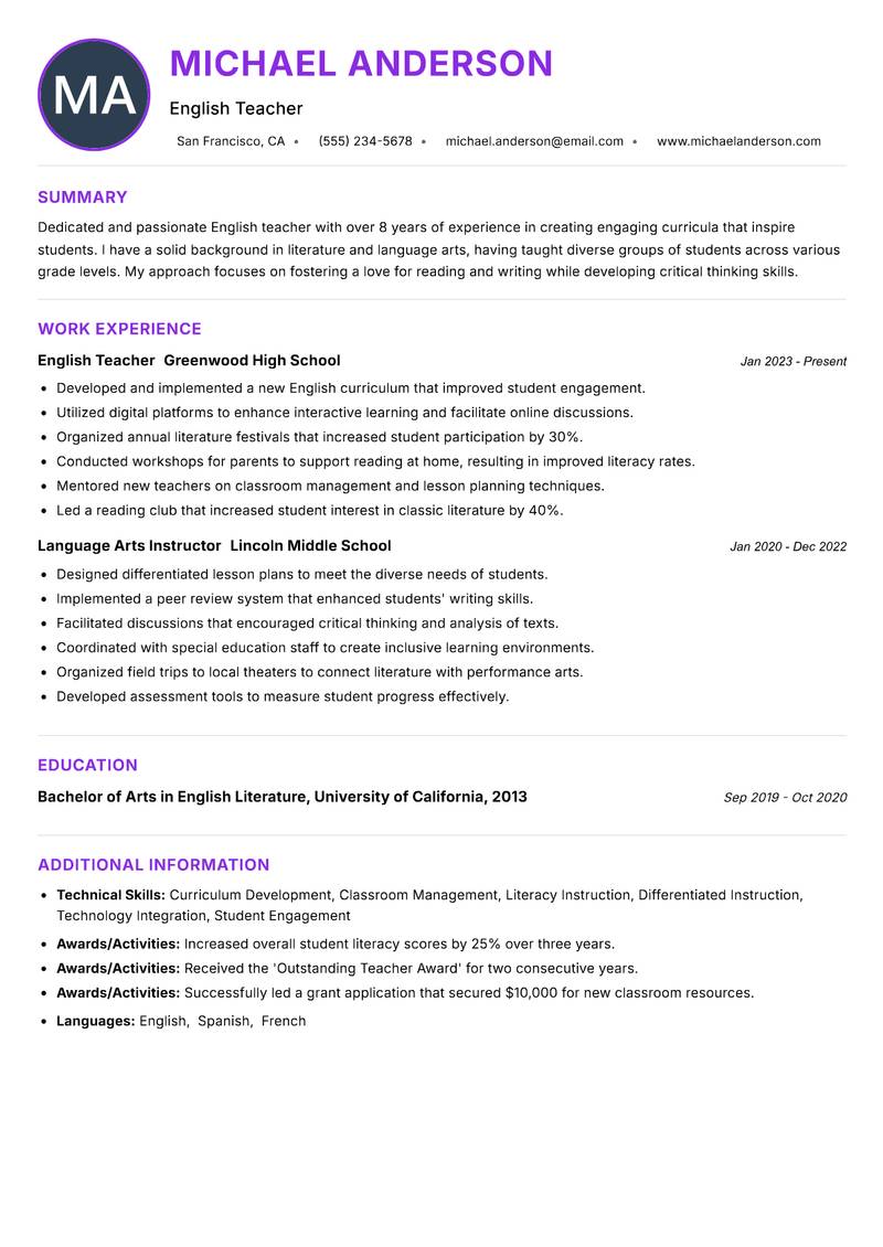 School English Teacher Resume Preview Example