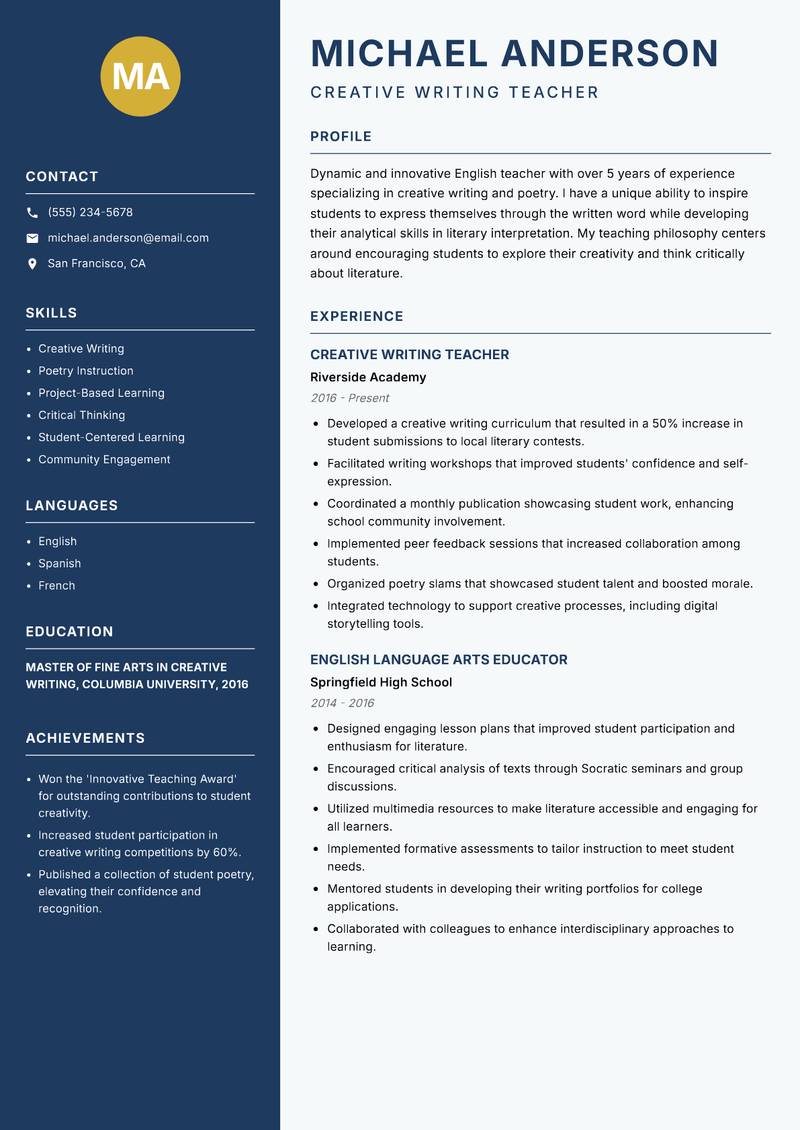 School English Teacher Resume Preview Example