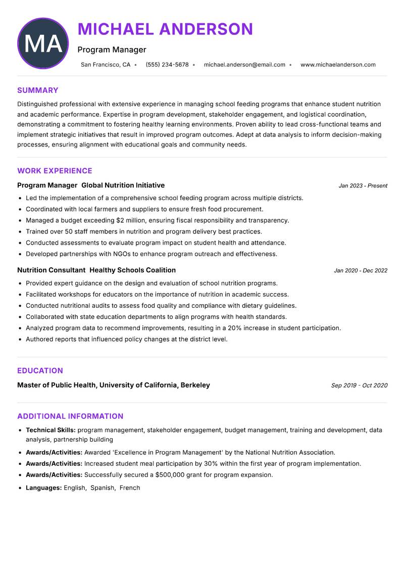 School Feeding Program Coordinator Resume Preview Example