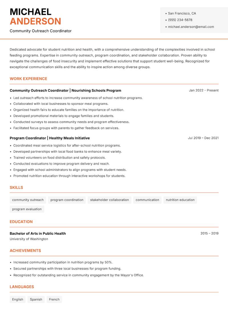 School Feeding Program Coordinator Resume Template