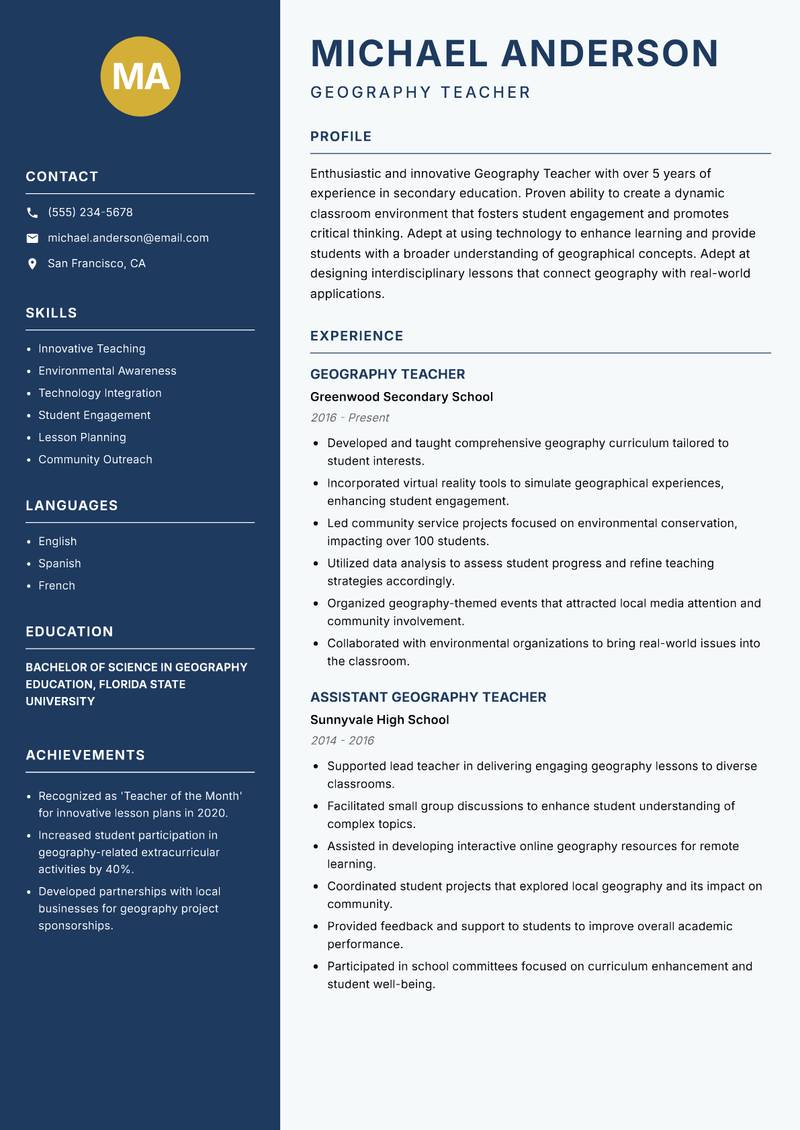 School Geography Teacher Resume Preview Example