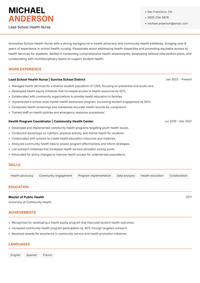 School Health Nurse Resume Template