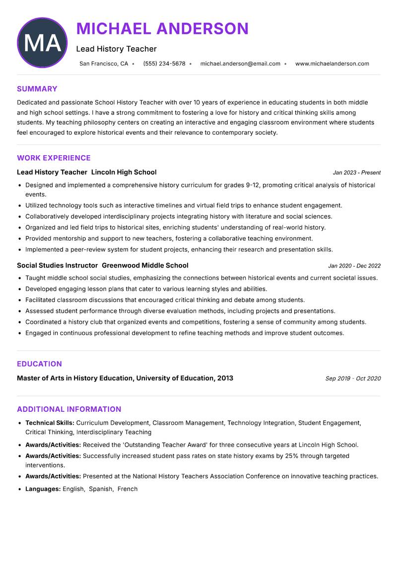 School History Teacher Resume Preview Example