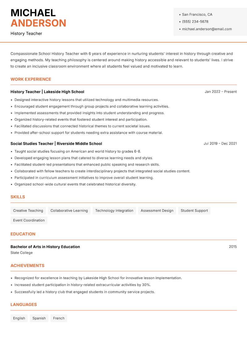 School History Teacher Resume Template