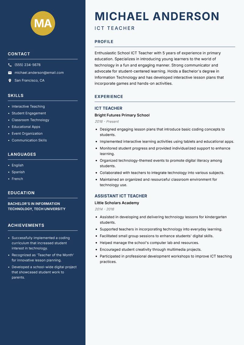 School ICT Teacher Resume Preview Example