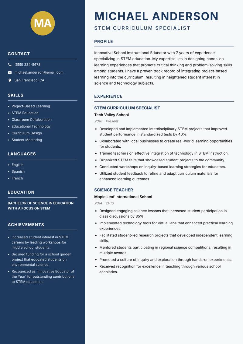 School Instructional Educator Resume Preview Example