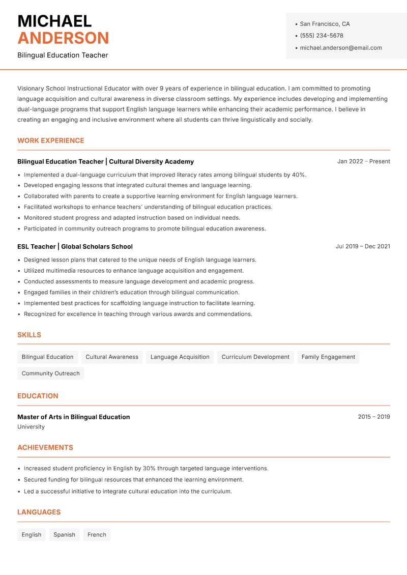 School Instructional Educator Resume Template